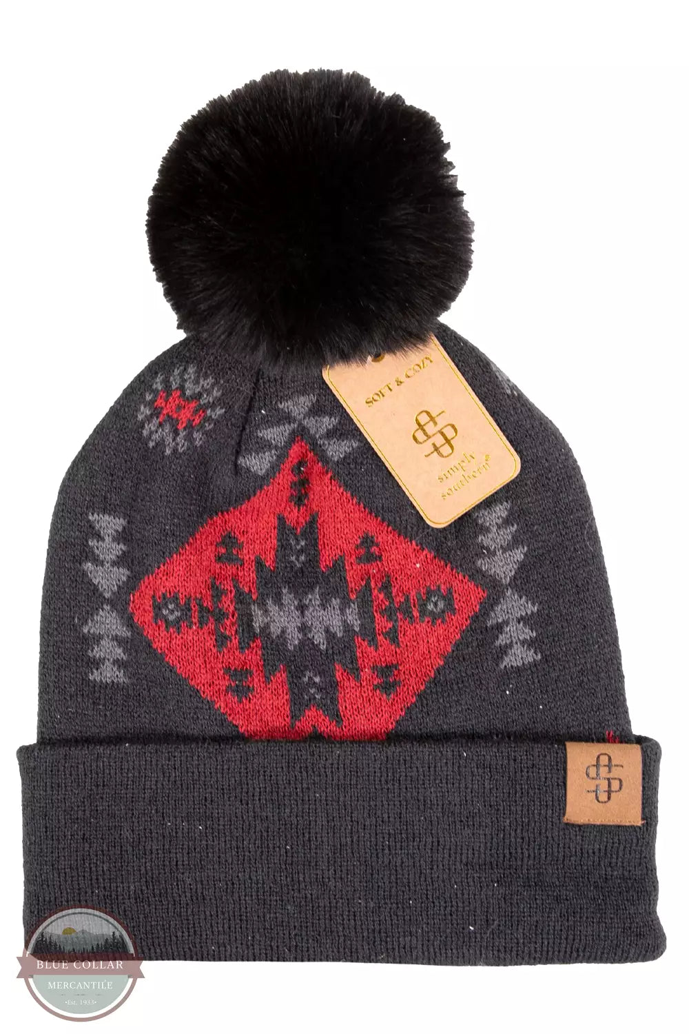 Simply Southern 0223-SIMPLY-BEANIE Pom Beanie with Aztec Print Dark Grey Side View