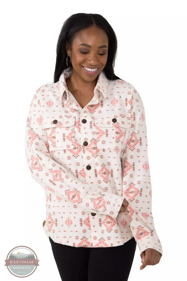 Simply Southern 0223-SIMPLY-SHKT-CRMAZ Shacket in a Cream & Pink Aztec Print Front View