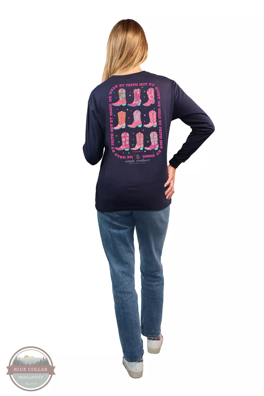 Simply Southern LS-WALK-NAVY Walk By Faith Long Sleeve T-Shirt in Navy Full View