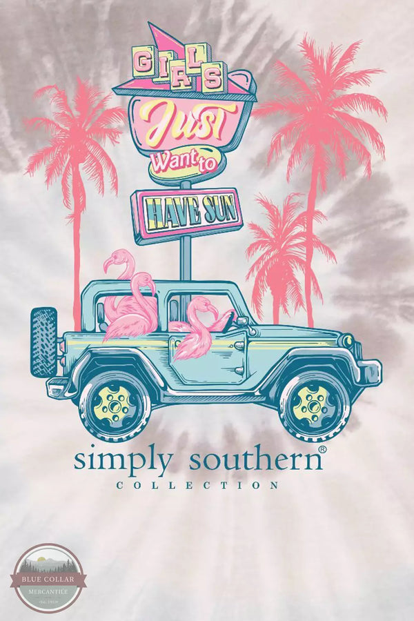 Simply Southern SS-FLAMINGO-MANTEO Girls Just Want to Have Sun T-Shirt in Manteo Tie Dye Detail View