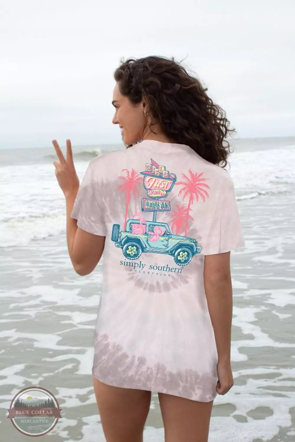 Simply Southern SS-FLAMINGO-MANTEO Girls Just Want to Have Sun T-Shirt in Manteo Tie Dye Life Back View