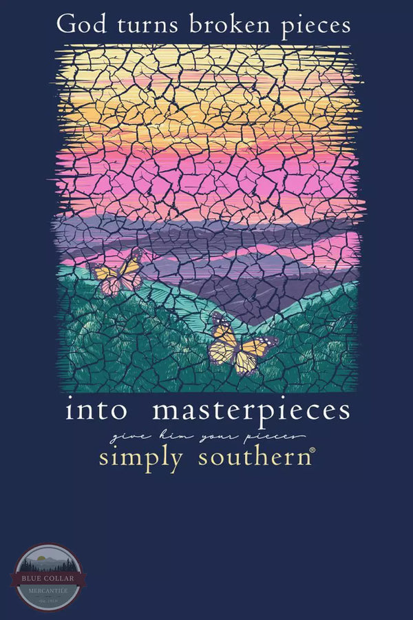 Simply Southern SS-PIECES-NAVY God Turns Broken Pieces into Masterpieces T-Shirt in Navy Blue Detail View