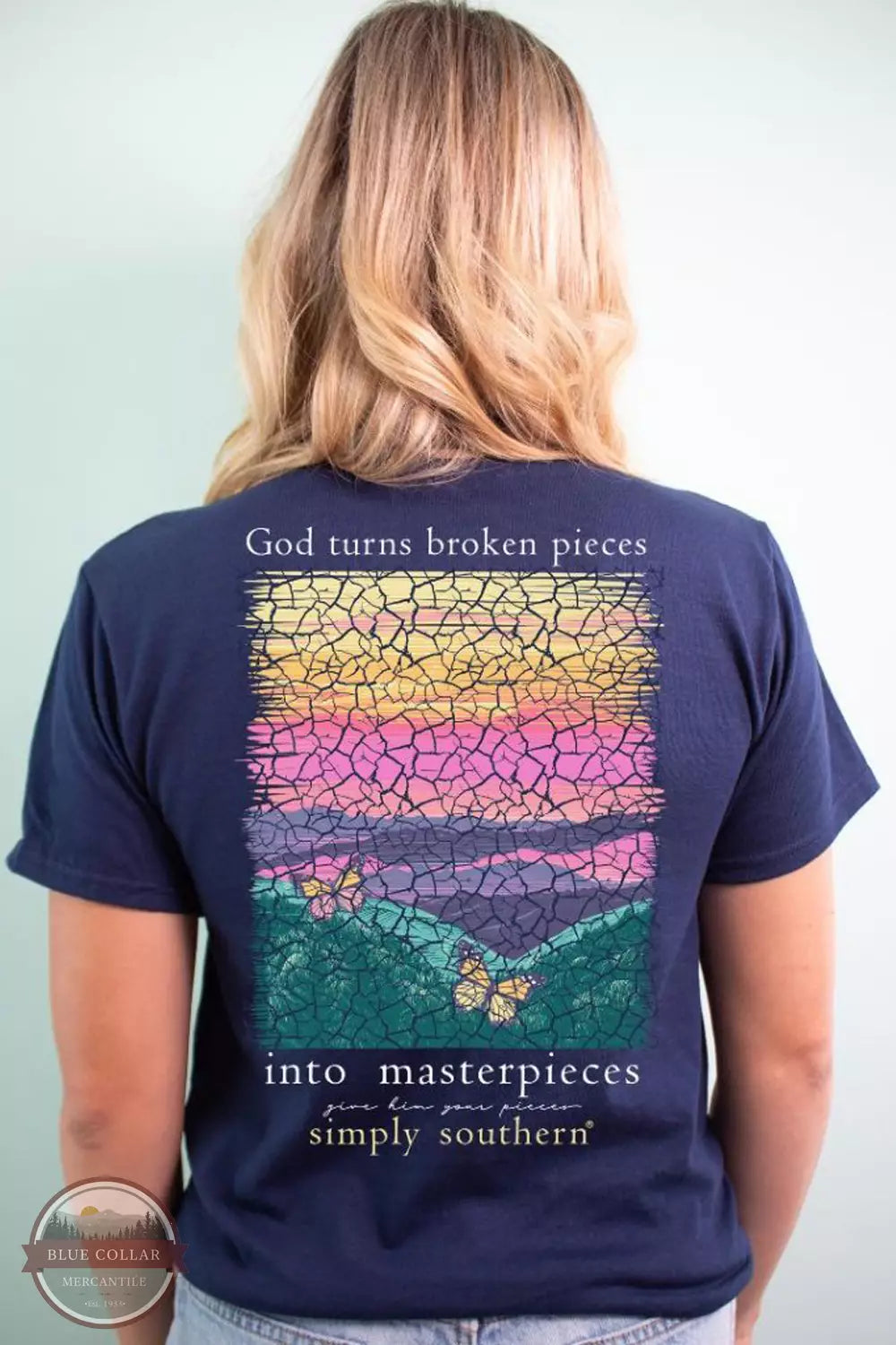 Simply Southern SS-PIECES-NAVY God Turns Broken Pieces into Masterpieces T-Shirt in Navy Blue Life Back View