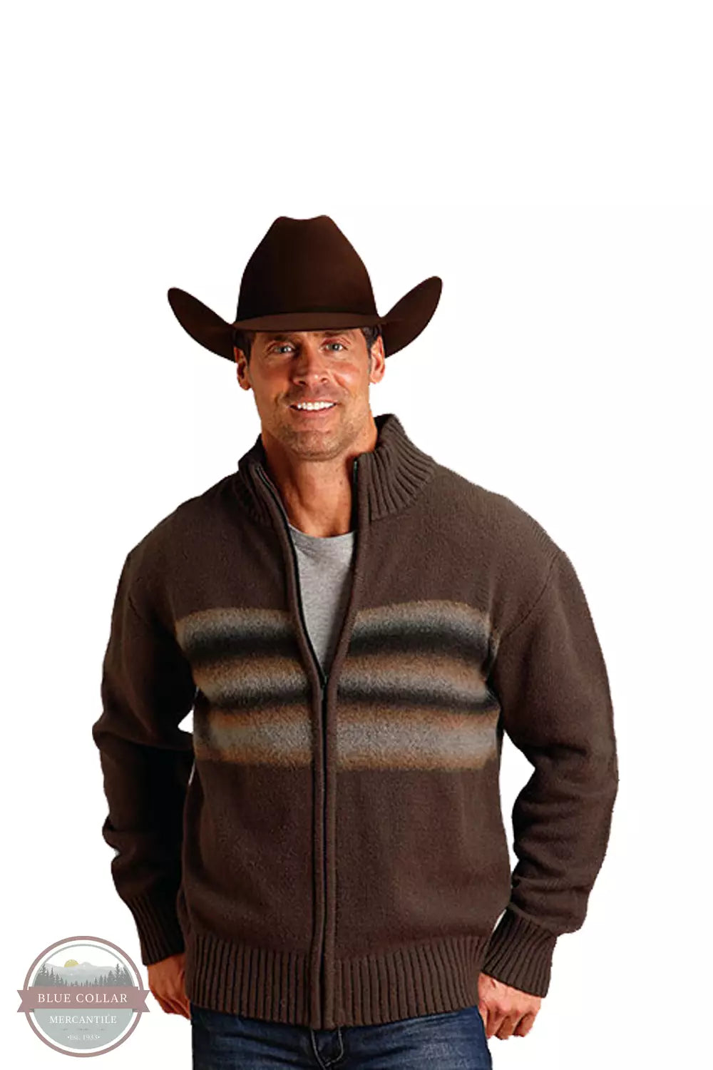 Stetson 11-014-0120-0195 GY Ombre Border Stripe Cardigan in Brown Front View
