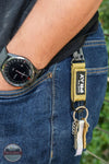 Tap To Pray® 100-455 Green Tactical Carabiner Keychain in use clipped to belt loop with keys