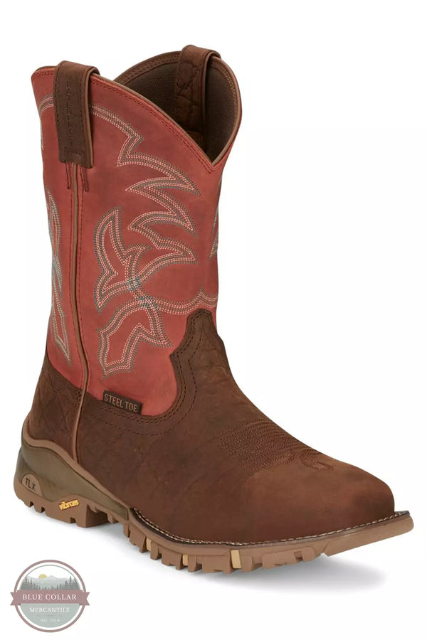 Tony Lama TW5007 Roustabout Waterproof Steel Toe Pull-On Boots in Chili Red Profile View