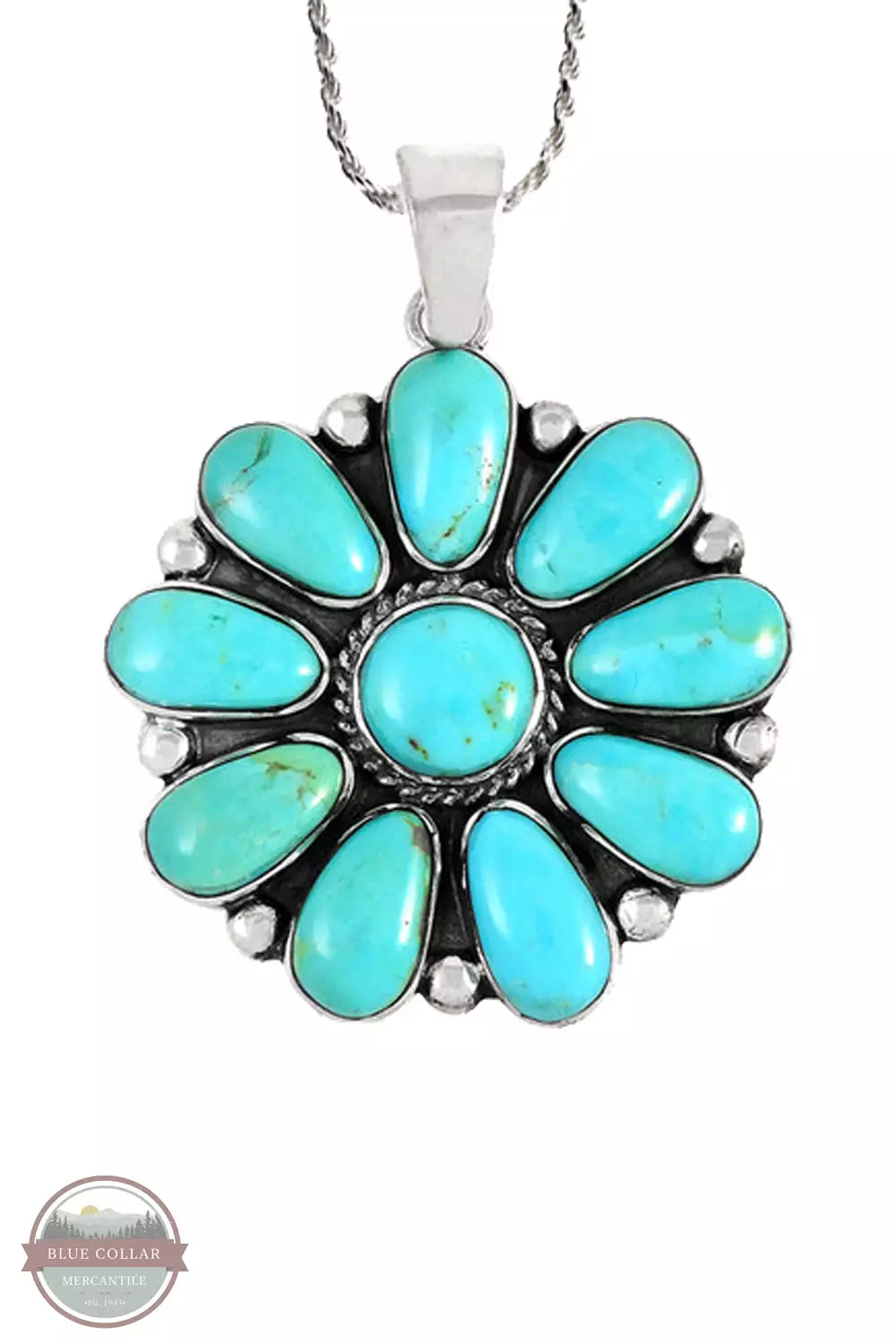 Turquoise Factory P3193-C75 Flower Turquoise Sterling Silver Pendant with Chain Front View