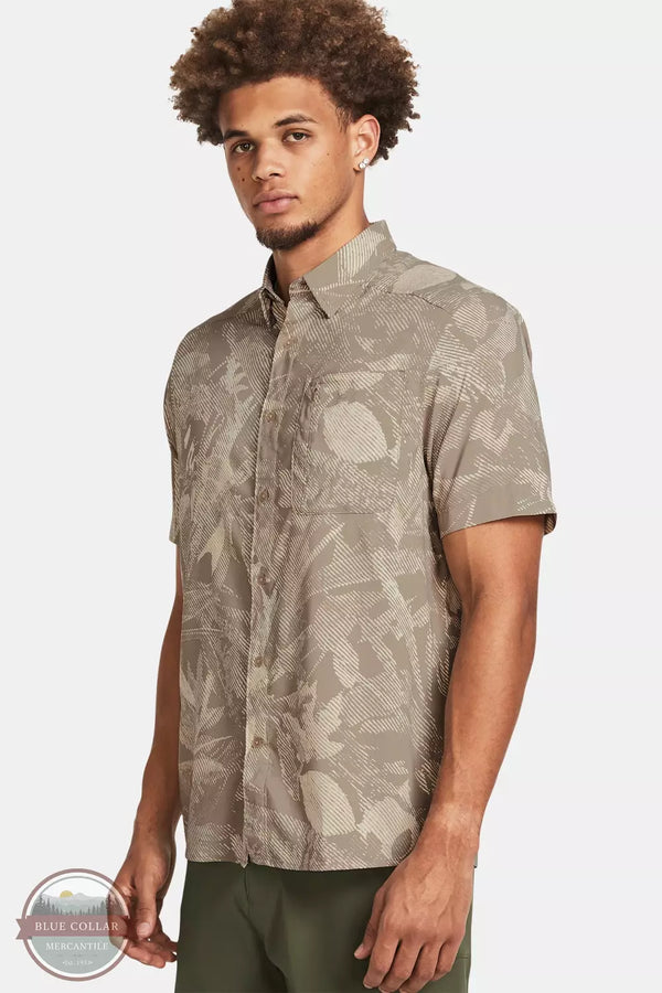 Under Armour 1376577 Dockside Short Sleeve Shirt Timberwolf Taupe Front View. This item is available in multiple colors.