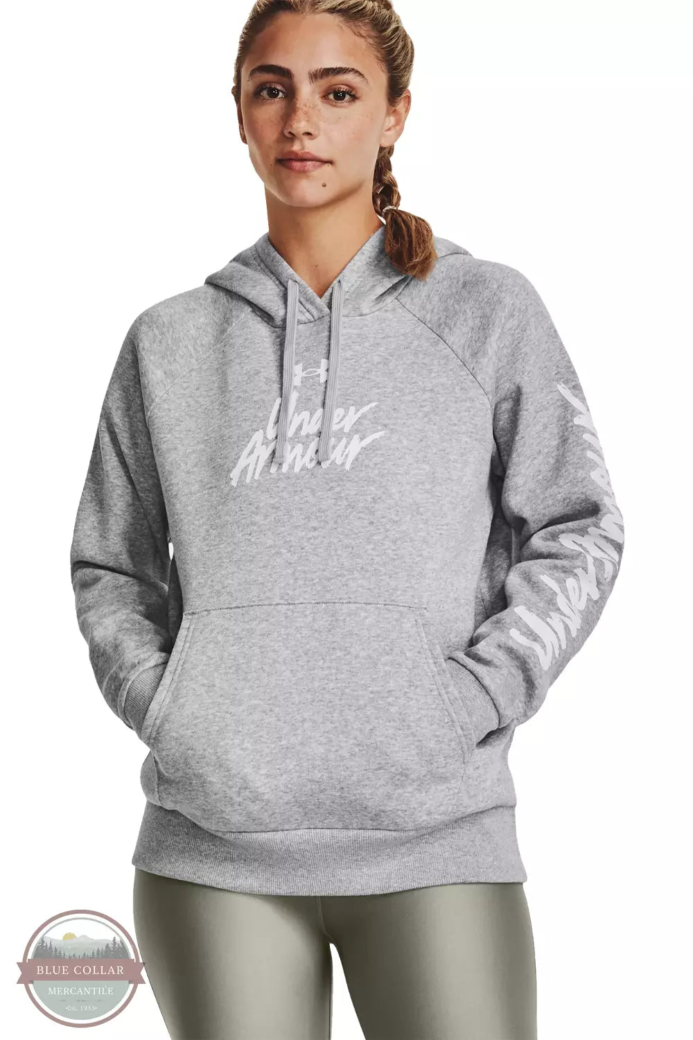 Under Armour 1379609-012 Rival Fleece Graphic Hoodie in Mod Gray Light Heather/White Front View