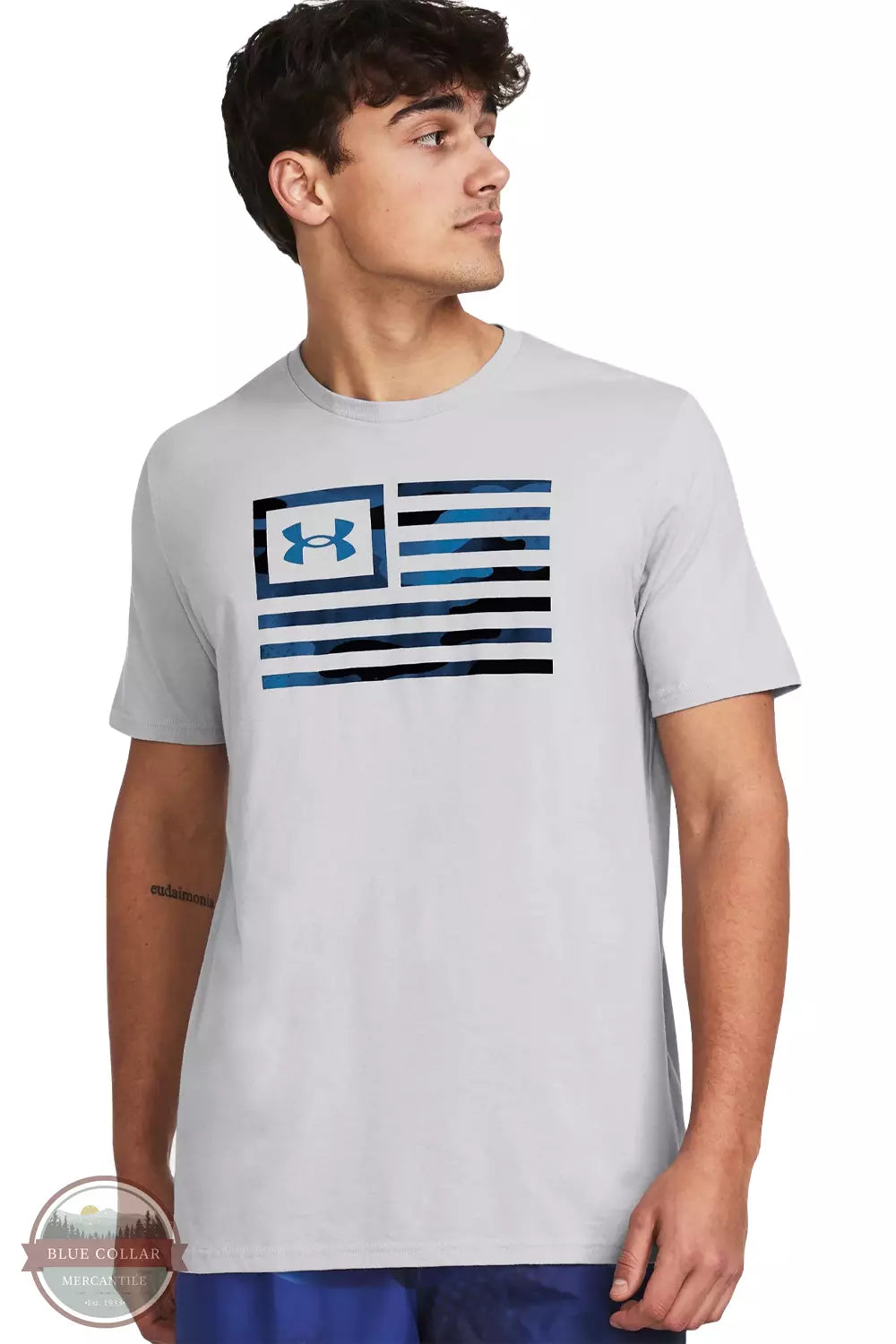 Under Armour 1382969 Freedom Flag Printed T-Shirt Mod Gray / Photon Blue Front View. Available in multiple colors