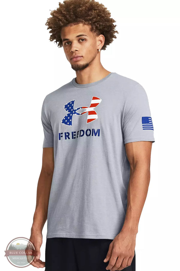 Under Armour 1382970 Freedom Logo T-Shirt Steel heather Royal Front View. Available in multiple colors