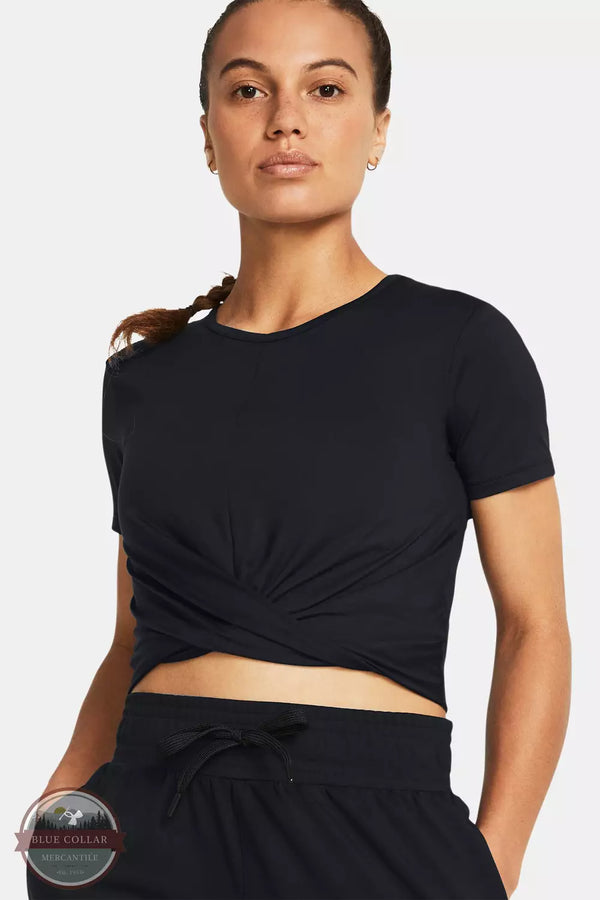 Under Armour 1383647 Motion Crossover Crop Short Sleeve Top Black Front View. This item is available in multiple colors.
