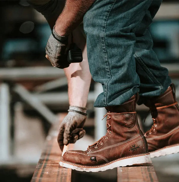 Work Boots from Red Wing, Carolina, Thorogood, Ariat, Justin, Tecovas, Double H, Georgia and many more! now available at Blue Collar Mercantile the Workingman's Store in Winchester, Va
Man working in a pair of Thorogood, made in the usa boots