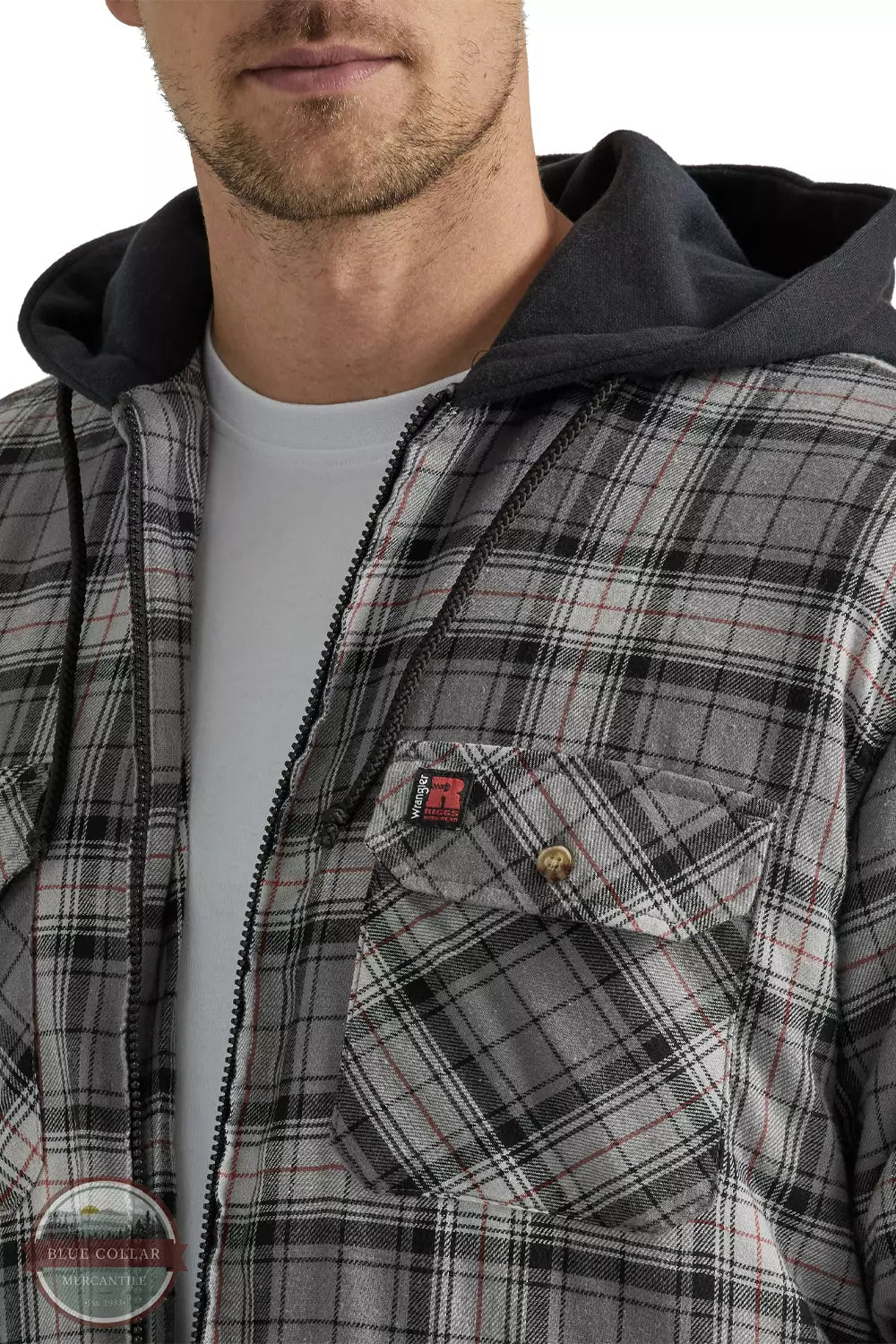 Wrangler 112330053 Riggs Workwear Hooded Flannel Work Jacket in Grey Black Detail View