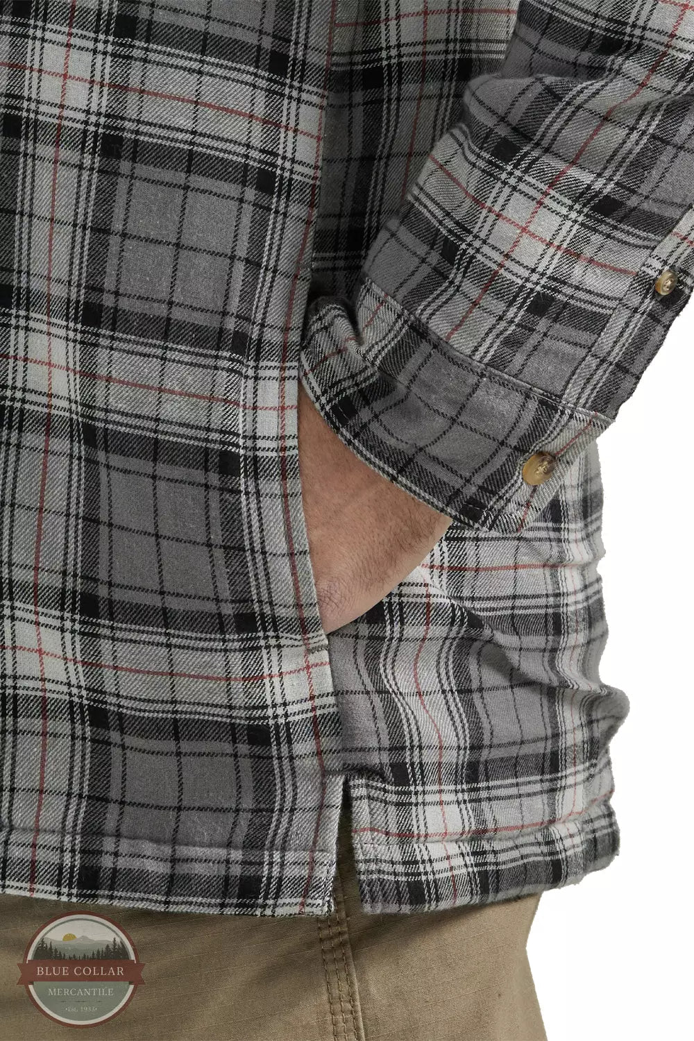 Wrangler 112330053 Riggs Workwear Hooded Flannel Work Jacket in Grey Black Pocket Detail