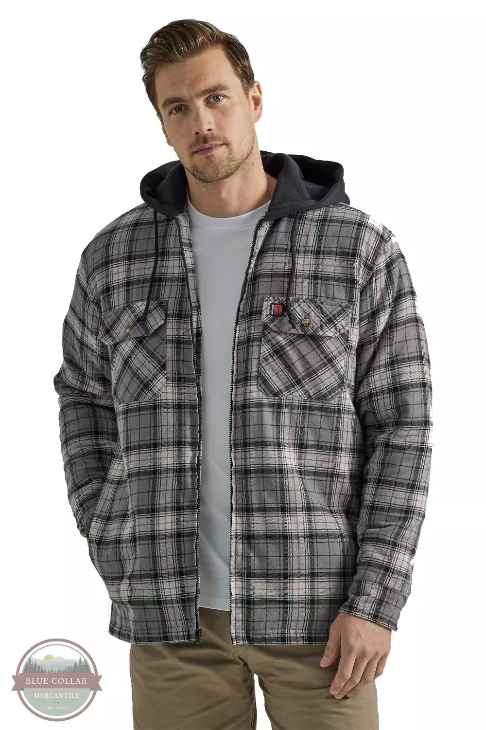 Wrangler 112330053 Riggs Workwear Hooded Flannel Work Jacket in Grey Black Front View