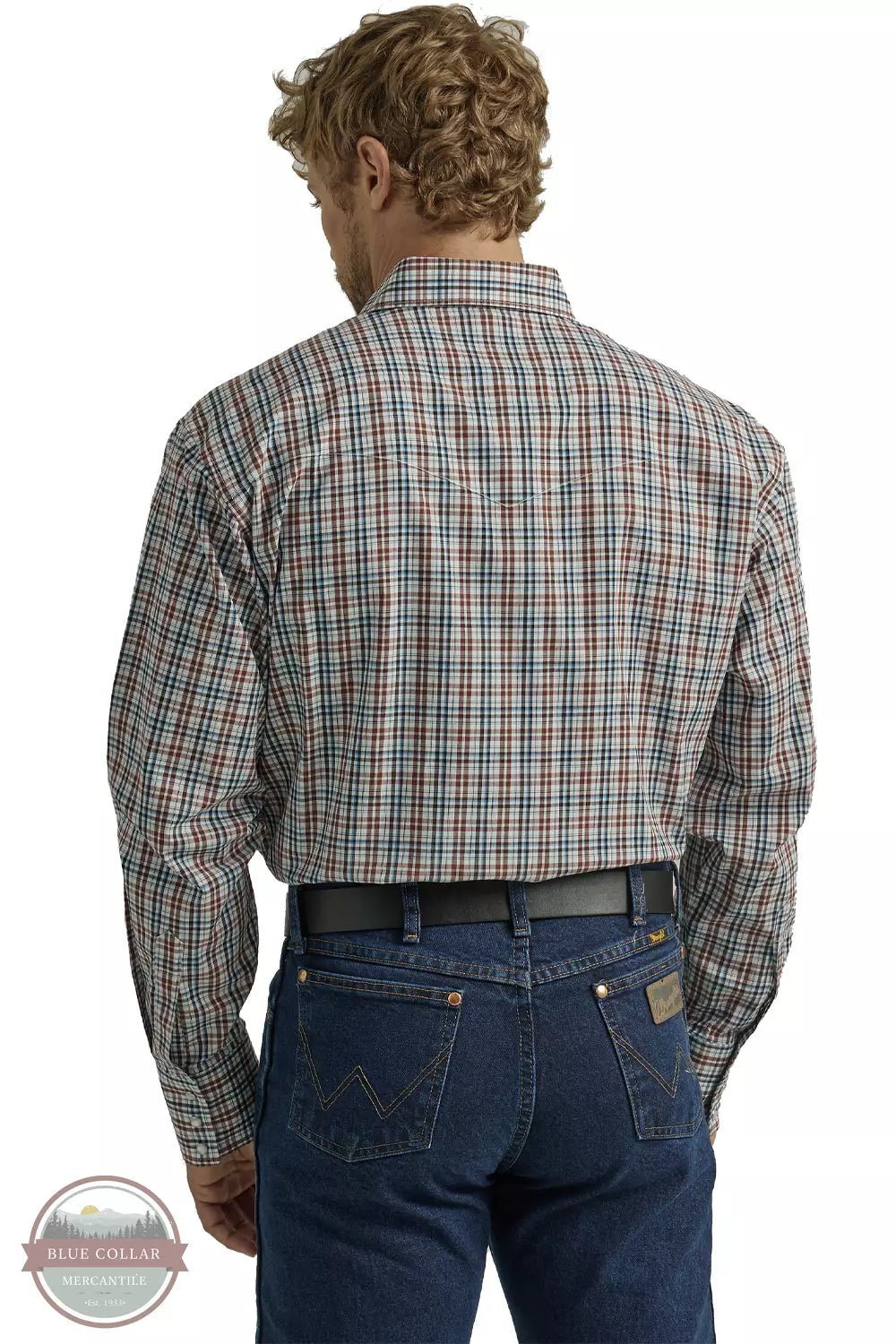 Wrangler 112330342 Wrinkle Resistant Long Sleeve Western Snap Shirt in Brown Plaid Back View