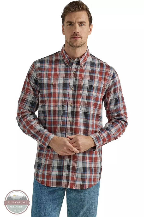 Wrangler 112330348 Rugged Wear Easy Care Button Down Shirt in Blue Rust Front View