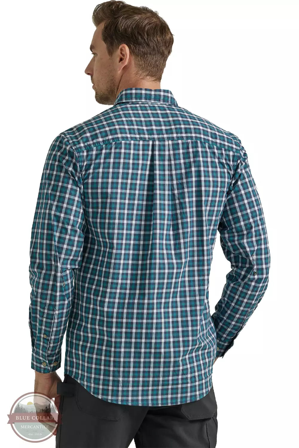 Wrangler 112330359 Rugged Wear Wrinkle Resist Button Down Shirt in Teal Navy Back View