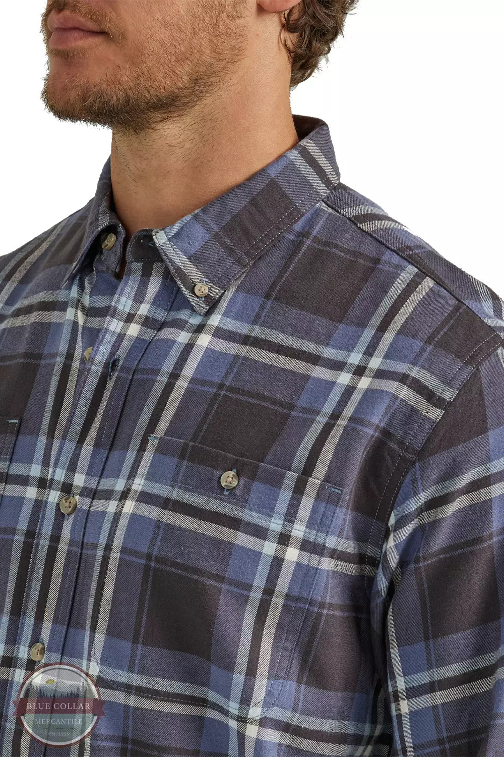 Wrangler 112330380 Rugged Wear Button Down Flannel Shirt in Navy Indigo Detail View
