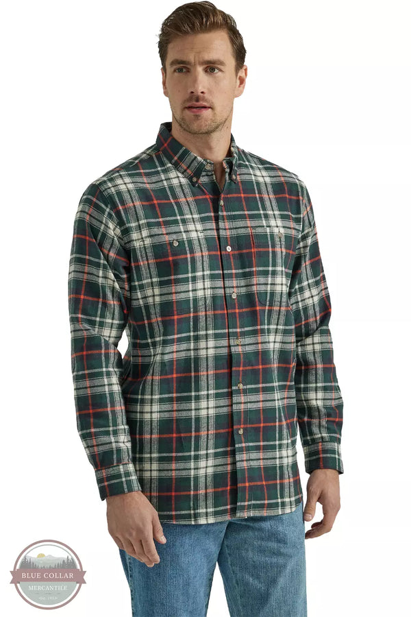 Wrangler 112330381 Rugged Wear Button Down Flannel Shirt in Green Orange Front View