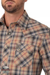 Wrangler 112330421 Retro Long Sleeve Western Snap Shirt in Tan & Black Plaid Front Detail