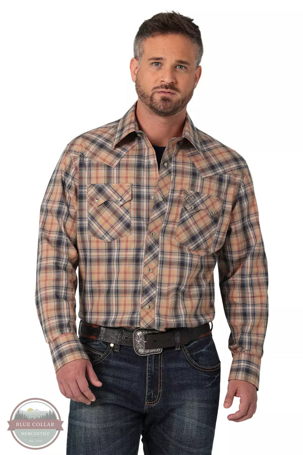 Wrangler 112330421 Retro Long Sleeve Western Snap Shirt in Tan & Black Plaid Front View