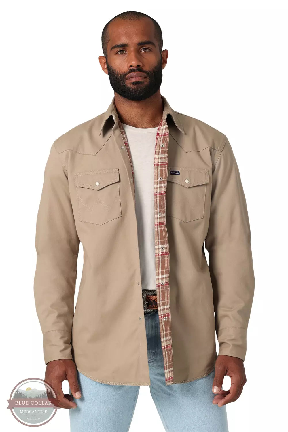 Wrangler 112330931 Flannel Lined Workshirt in Dune Front View