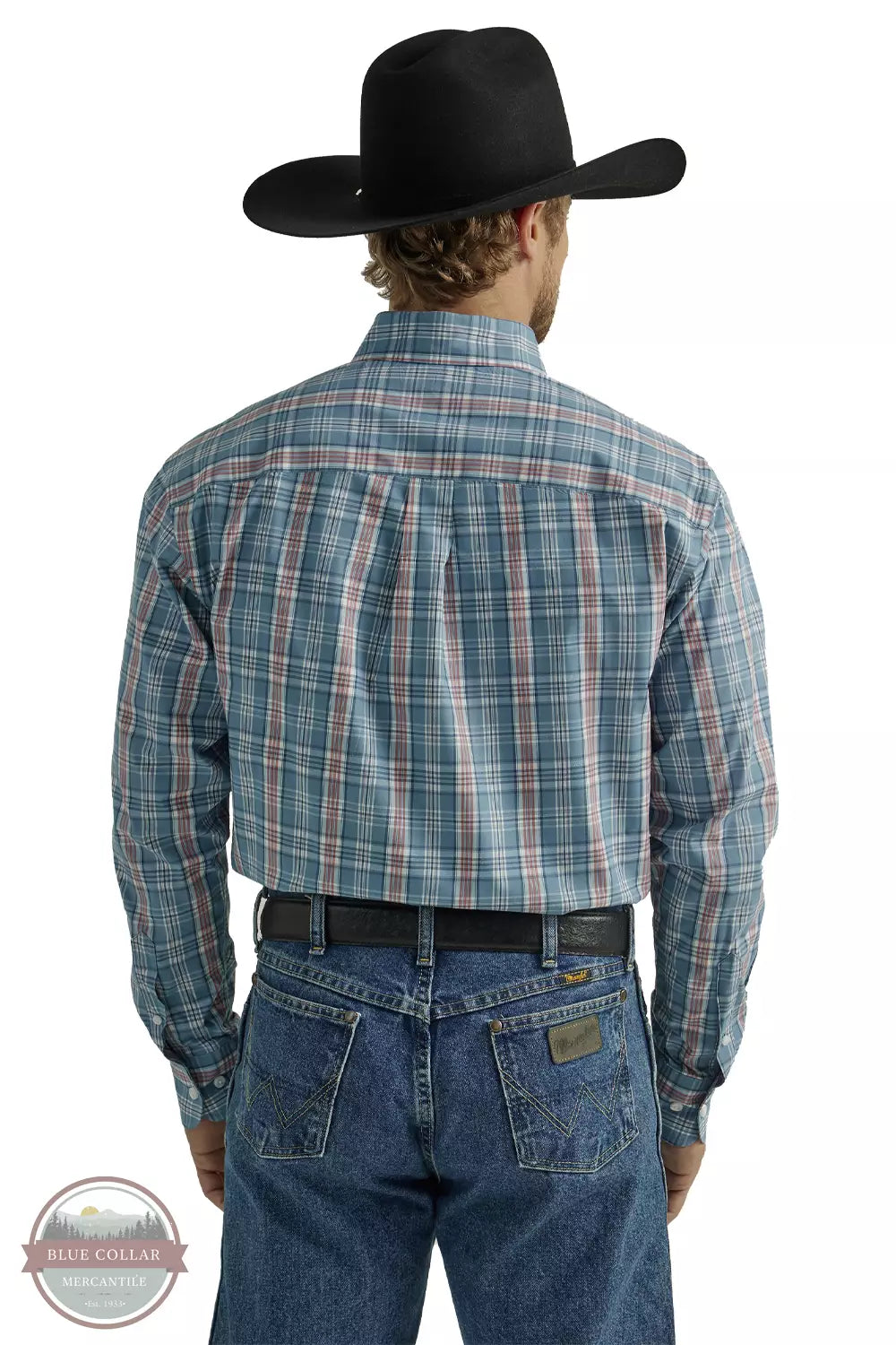 Wrangler 112331805 George Strait Long Sleeve Western Shirt in Steel Blue Plaid Back View