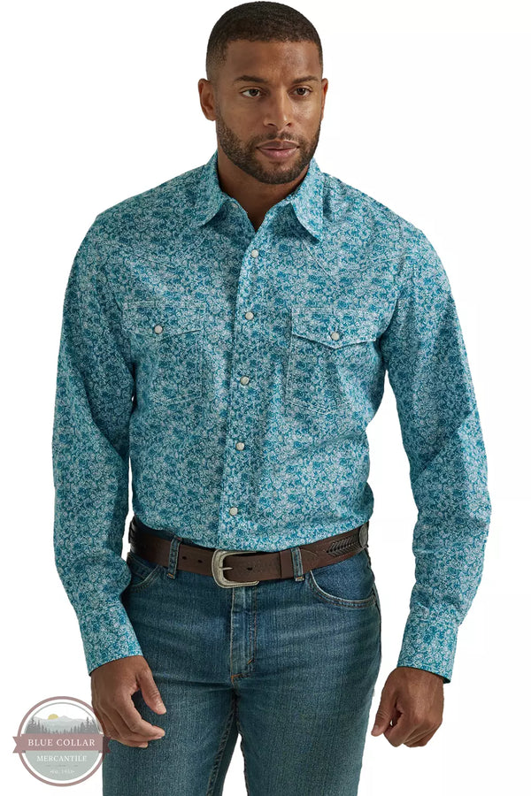 Wrangler 112331826 George Strait Long Sleeve Western Snap Shirt in Turquoise Paisley Front View