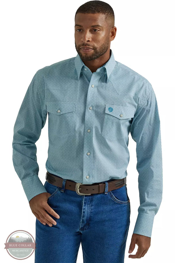 Wrangler 112331827 George Strait Troubadour Long Sleeve Western Snap Shirt in a Turquoise Chain Front View