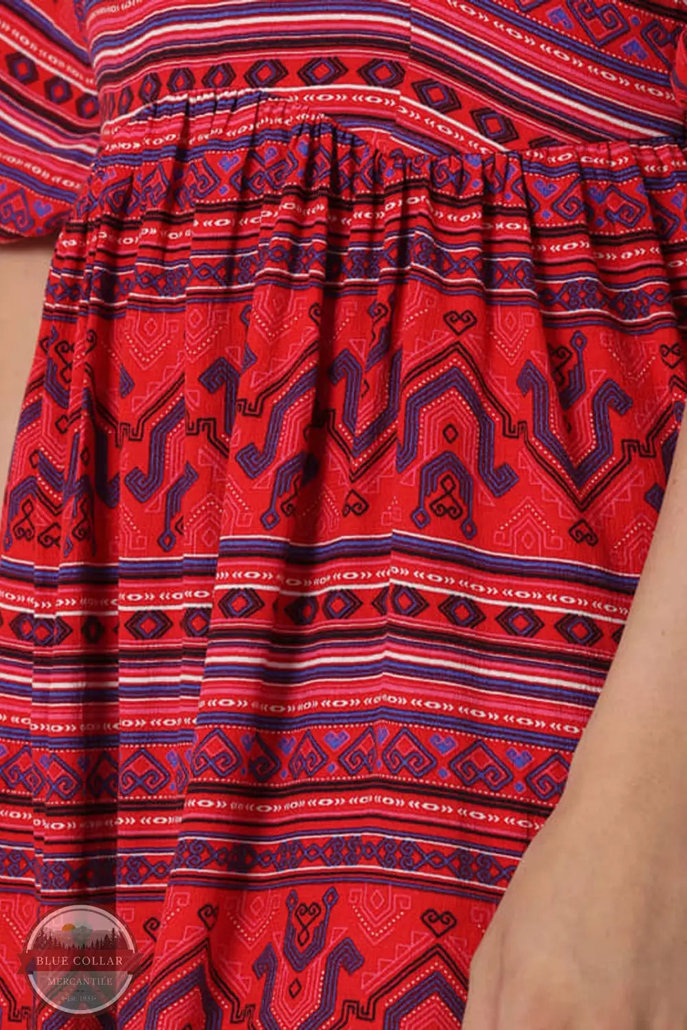 Wrangler 112336453 Retro Americana Half Sleeve Dress in a Red Aztec Print Detail View