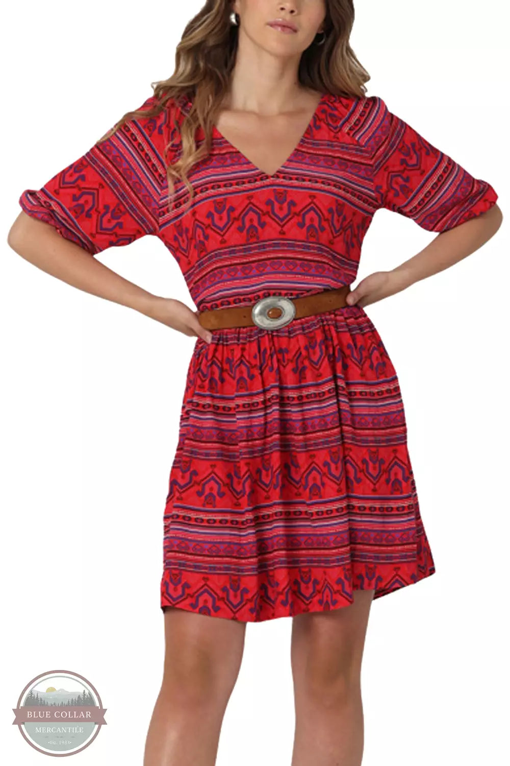 Wrangler 112336453 Retro Americana Half Sleeve Dress in a Red Aztec Print Front View