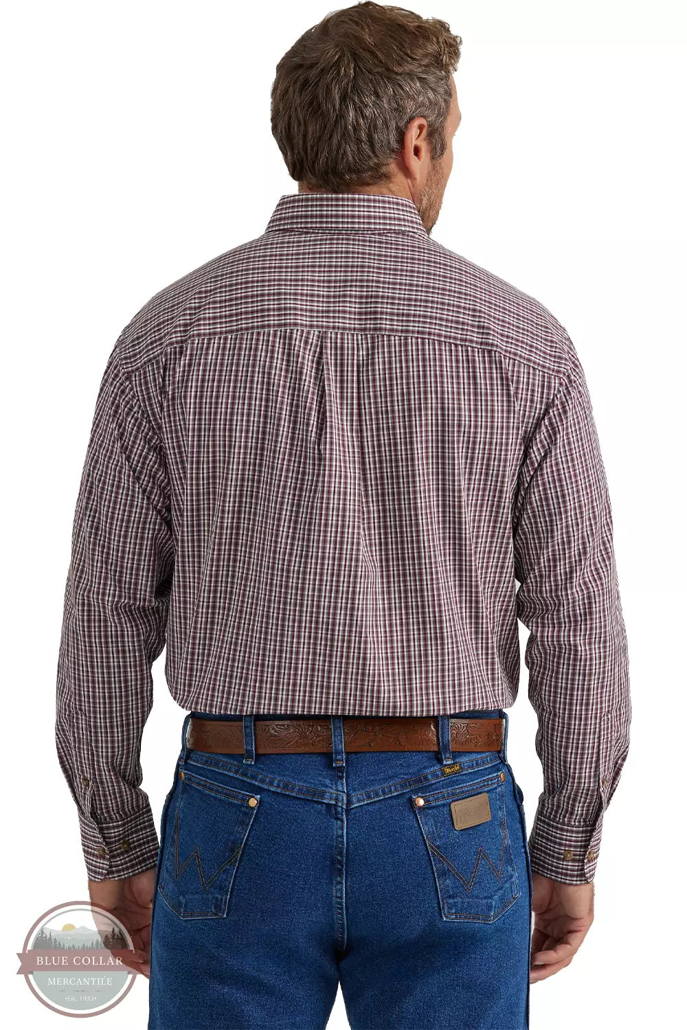 Wrangler 112337436 Classic Relaxed Long Sleeve Button Down Shirt in Wine Plaid Back View