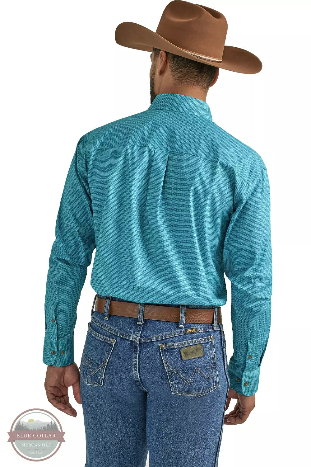 Wrangler 112338088 George Strait Long Sleeve One Pocket Button Down Shirt in Teal Discs Back View