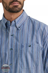Wrangler 112338098 George Strait Long Sleeve One Pocket Button Down Shirt in Periwinkle Stripe Detail View