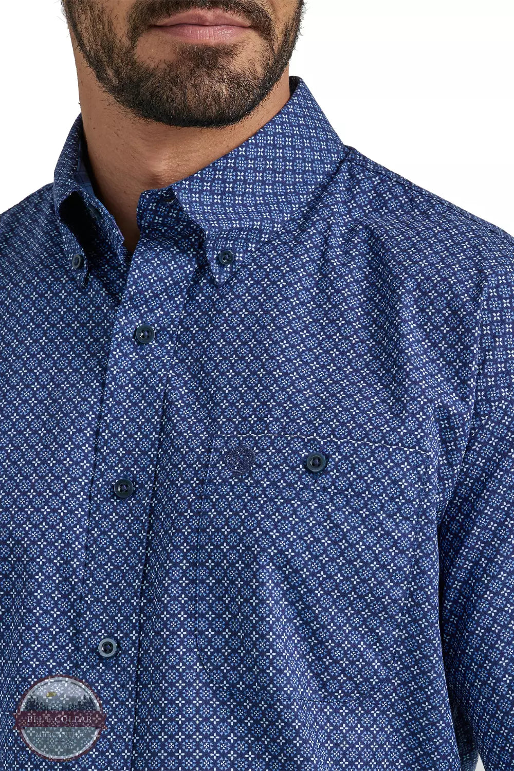 Wrangler 112338099 George Strait Long Sleeve One Pocket Button Down Shirt in Midnight Splash Detail View