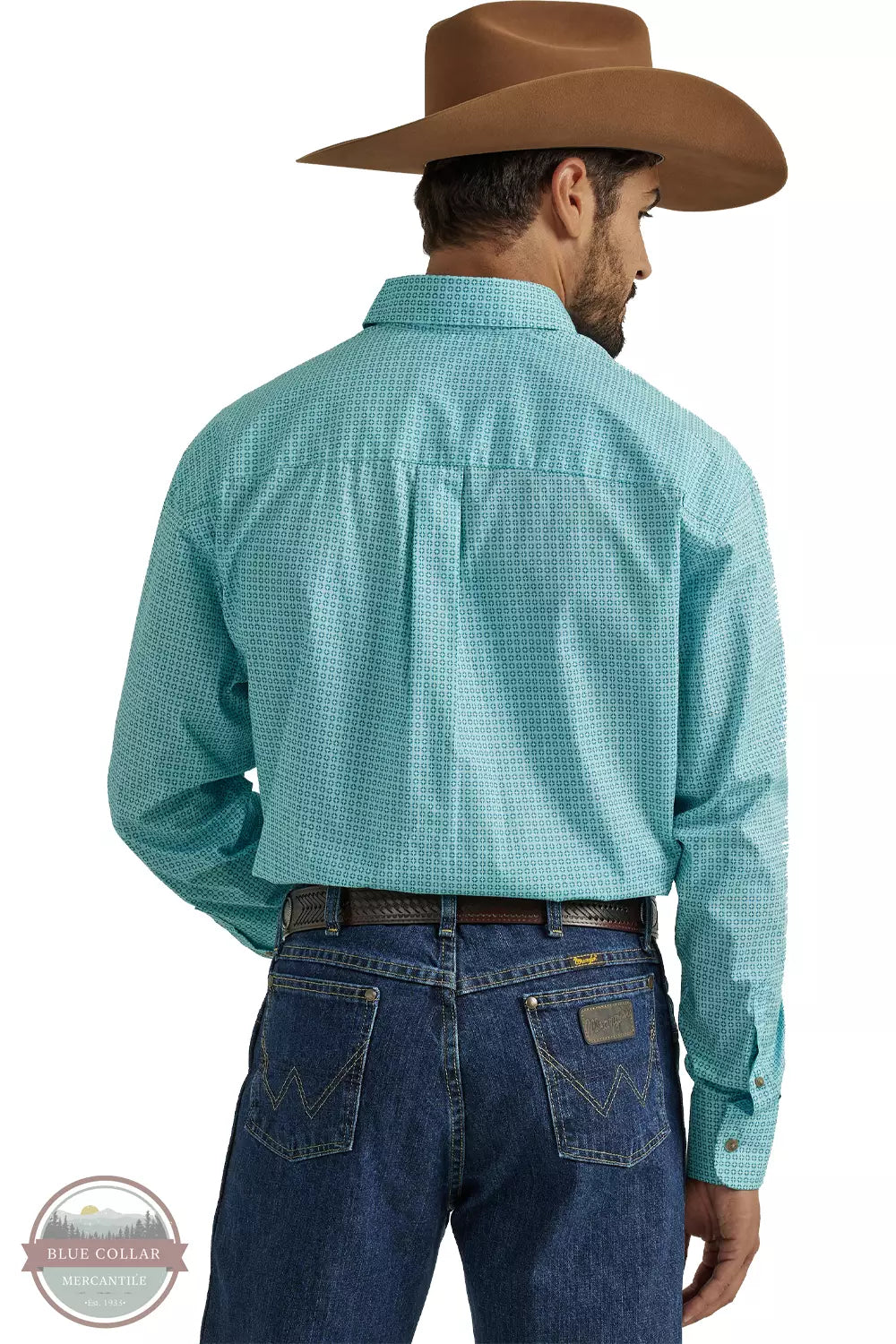 Wrangler 112338103 George Strait Long Sleeve One Pocket Button Down Shirt in Teal Print Back View