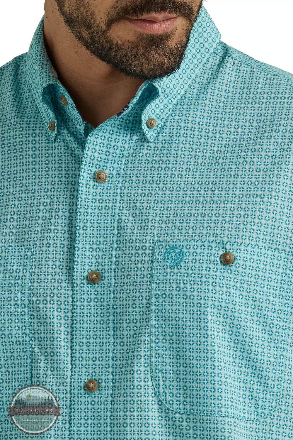 Wrangler 112338103 George Strait Long Sleeve One Pocket Button Down Shirt in Teal Print Detail View