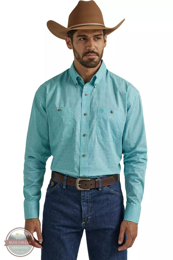 Wrangler 112338103 George Strait Long Sleeve One Pocket Button Down Shirt in Teal Print Front View