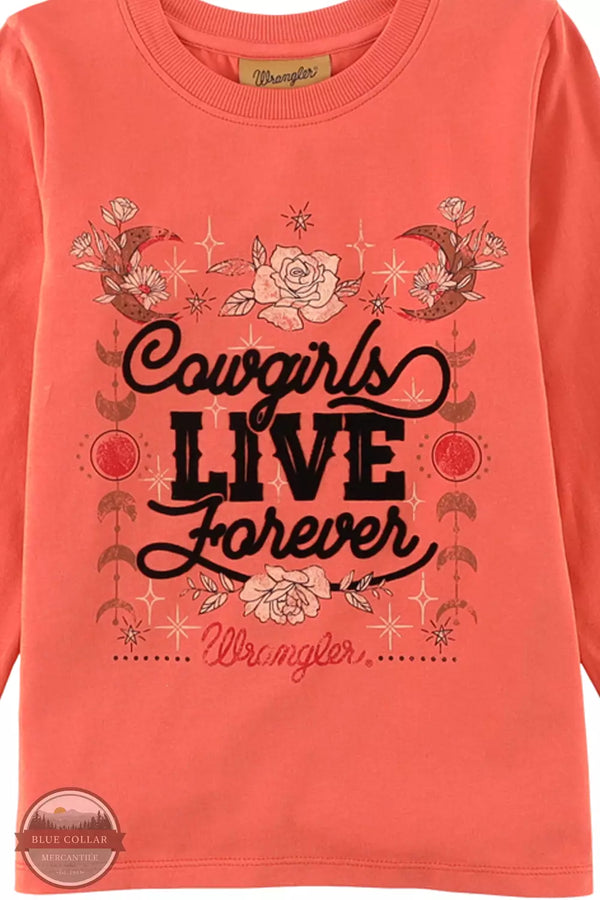 Wrangler 112338529 Cowgirls Live Forever Long Sleeve T-Shirt in Tangerine Ginger Tea Detail View