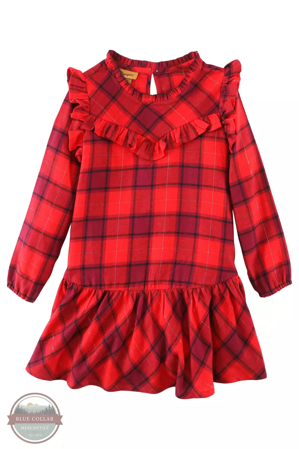 Wrangler 112338539 Long Sleeve Western Ruffle Dress in Red Plaid Front View