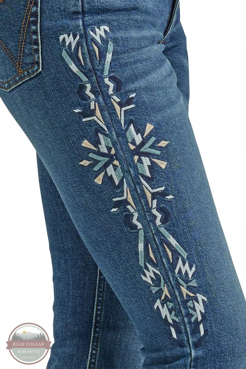Wrangler 112338917 Retro Embroidered High Rise Slim Boot Jeans in Bethany Detail View
