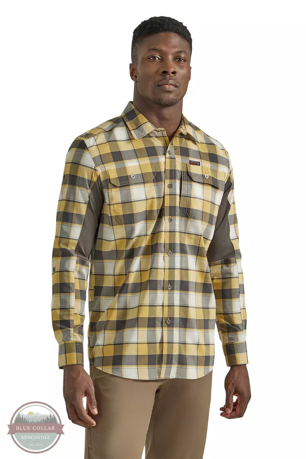 Wrangler 112339392 Plaid Mixed Material Shirt in Travertine Front View
