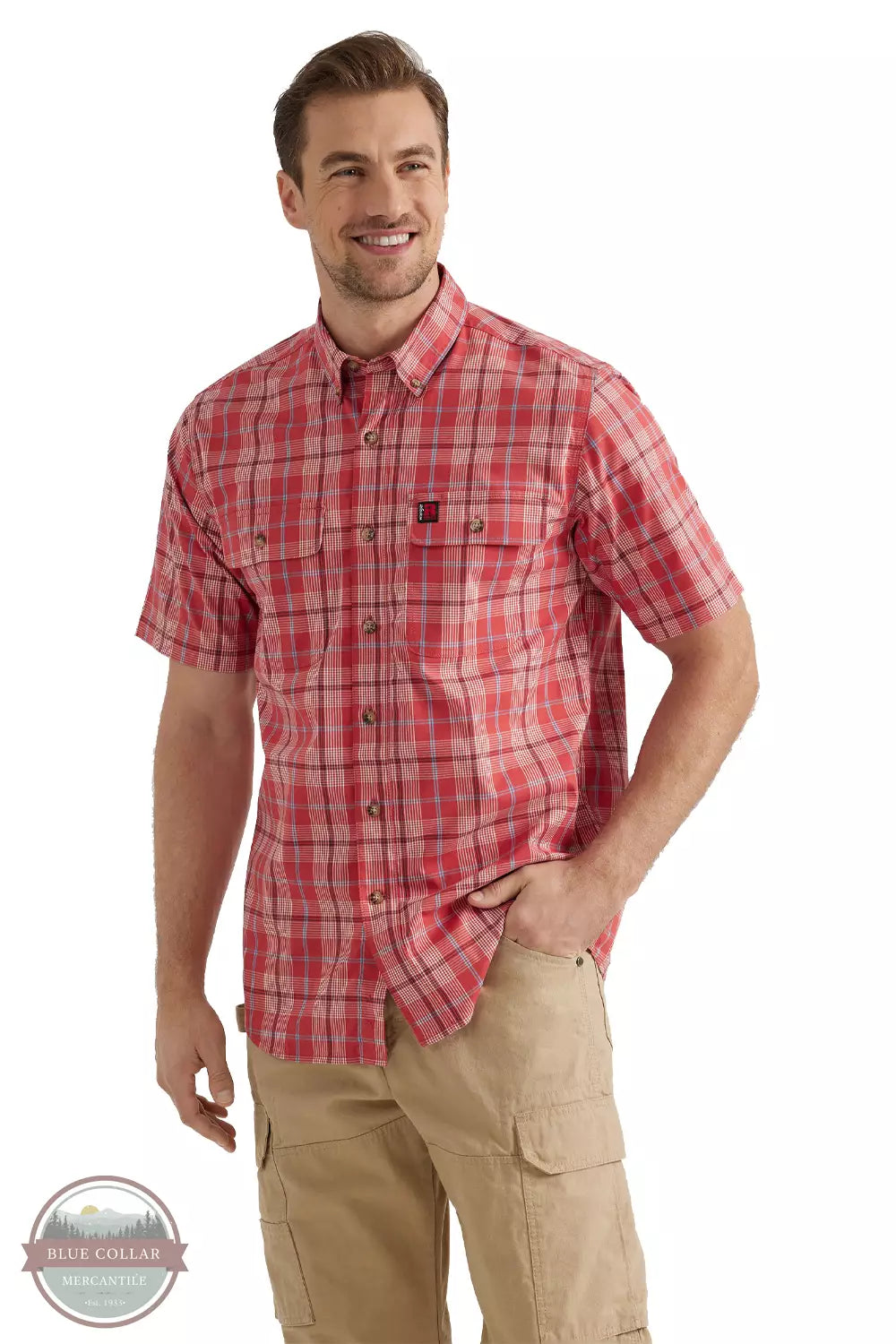 Wrangler 112343524 Riggs Workwear Plaid Button Down Work Shirt in Terra Red Front View