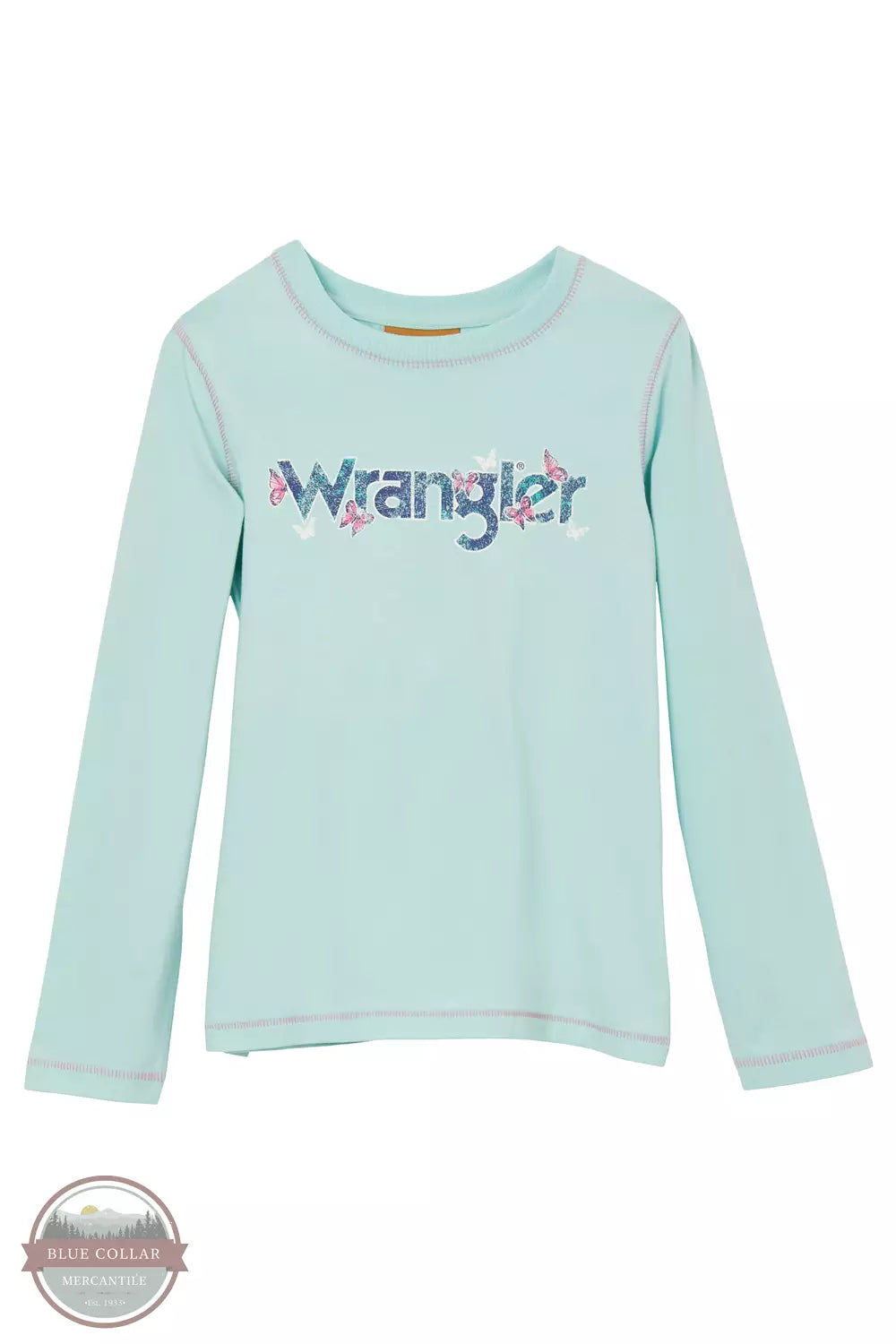 Wrangler 112344170 Butterfly Logo Long Sleeve T-Shirt in Light Blue Front View