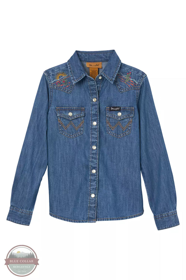 Wrangler 112344172 Denim Long Sleeve Snap Western Shirt in Bold Blue Front View