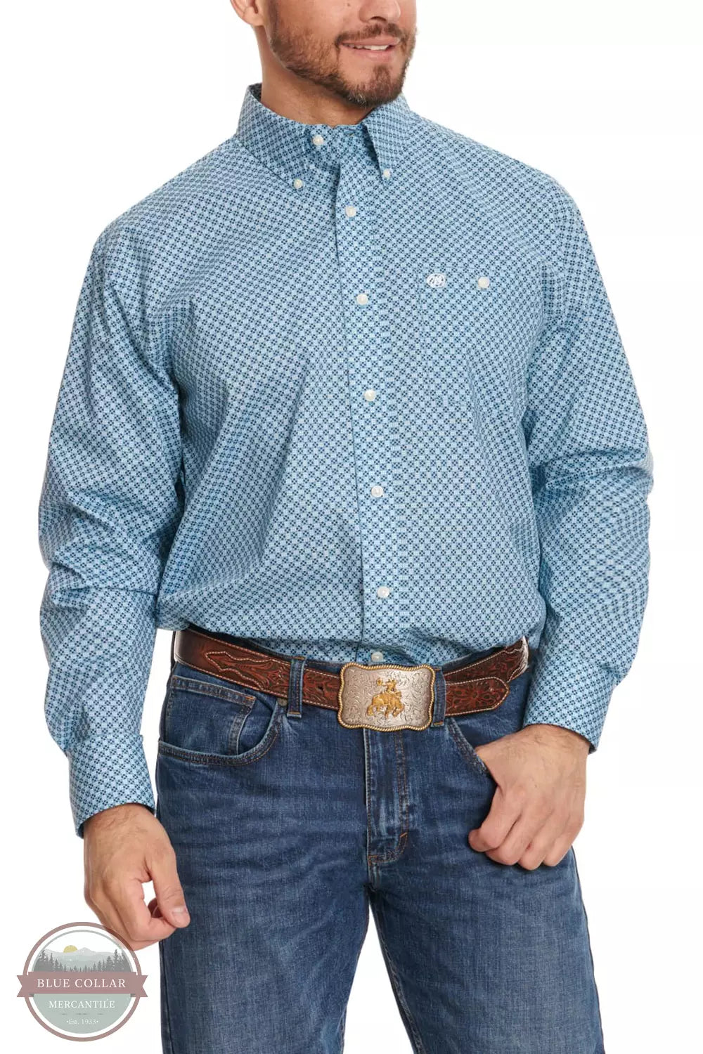 Wrangler 112344263 Easy Care Classic Fit Long Sleeve Button Down Shirt in Carolina Blue & White Geo Print Front View