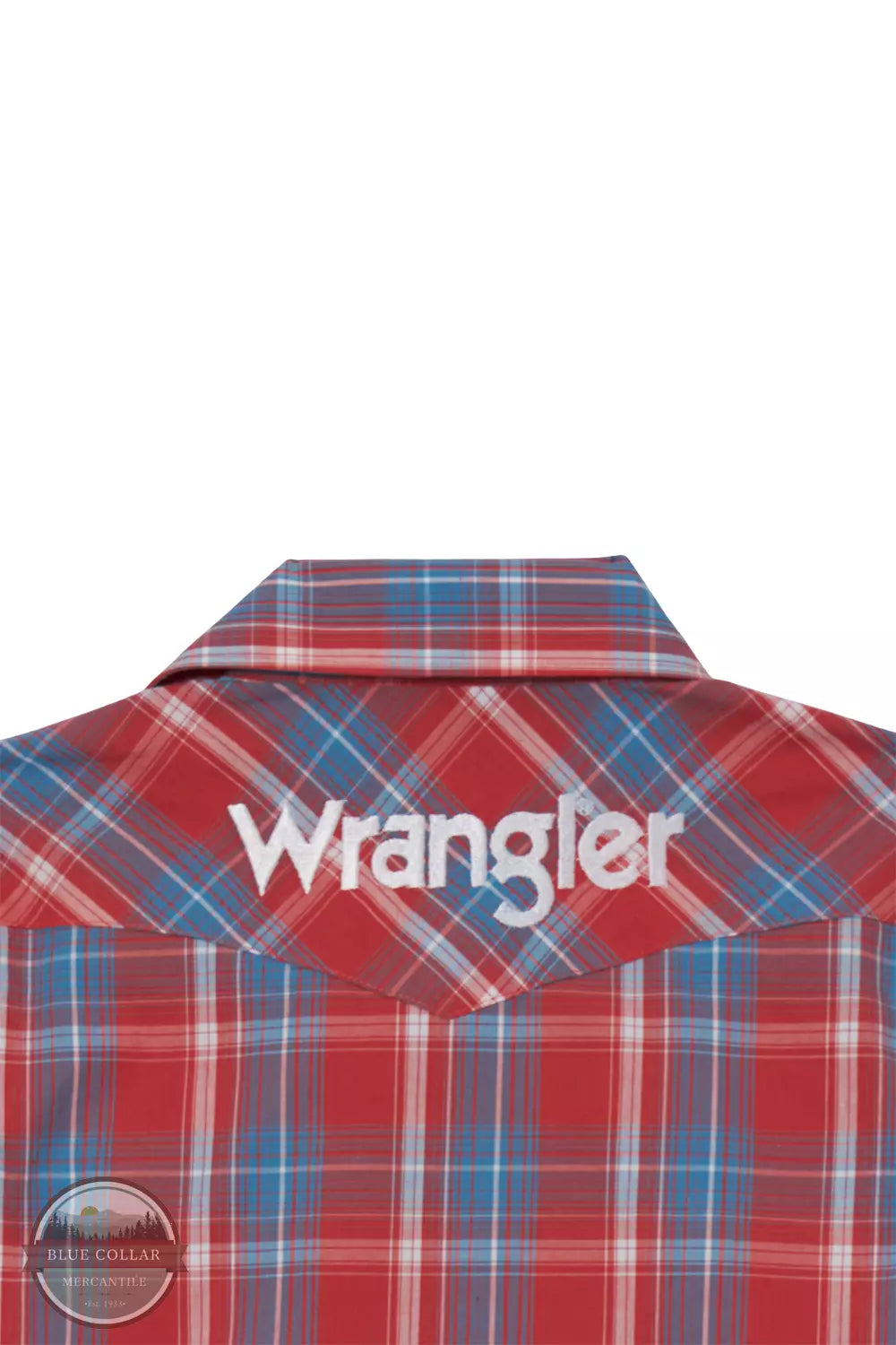 Wrangler 112344422 Logo Long Sleeve Western Snap Shirt in Apple Plaid Back Detail View