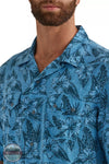 Wrangler 112344429 Coconut Cowboy Short Sleeve Snap Camp Shirt in Blue Tropics Front Detail View